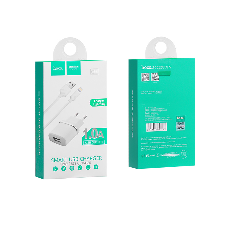 HOCO C11.L Smart Caricatore 1 Porta USB 1A con cavo Lightning - Bianco
