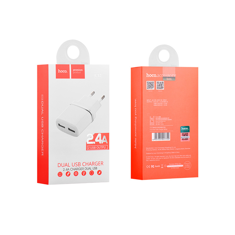 HOCO C12 Smart Caricatore con 2 porte 2,4A -Bianco